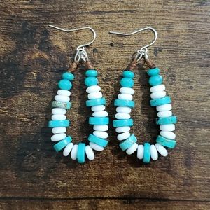 Boho hoop drop earrings teal and white stone hoops